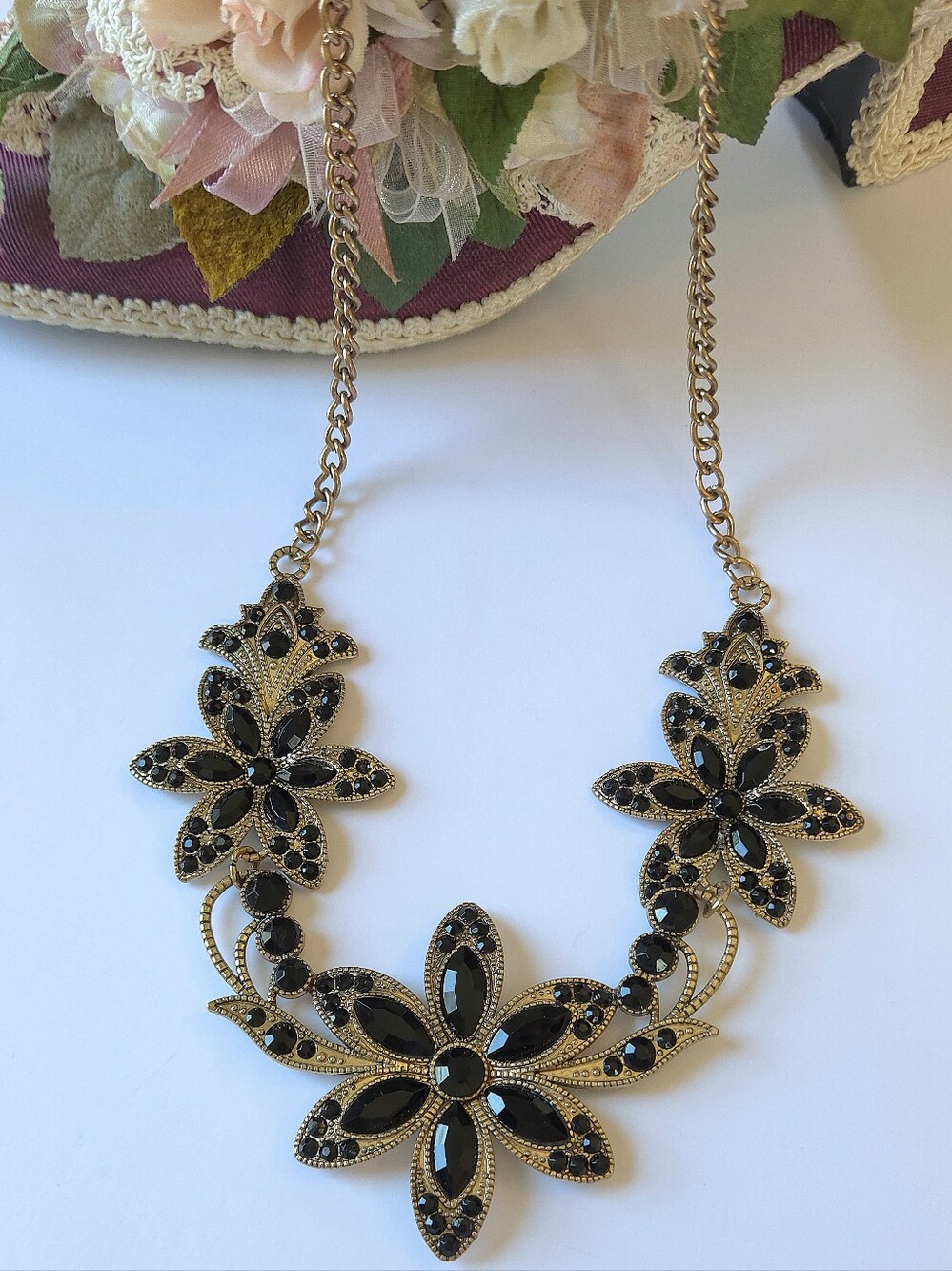 Matte Gold Plated Black Crystal Ornate Flower Statement Necklace 20"